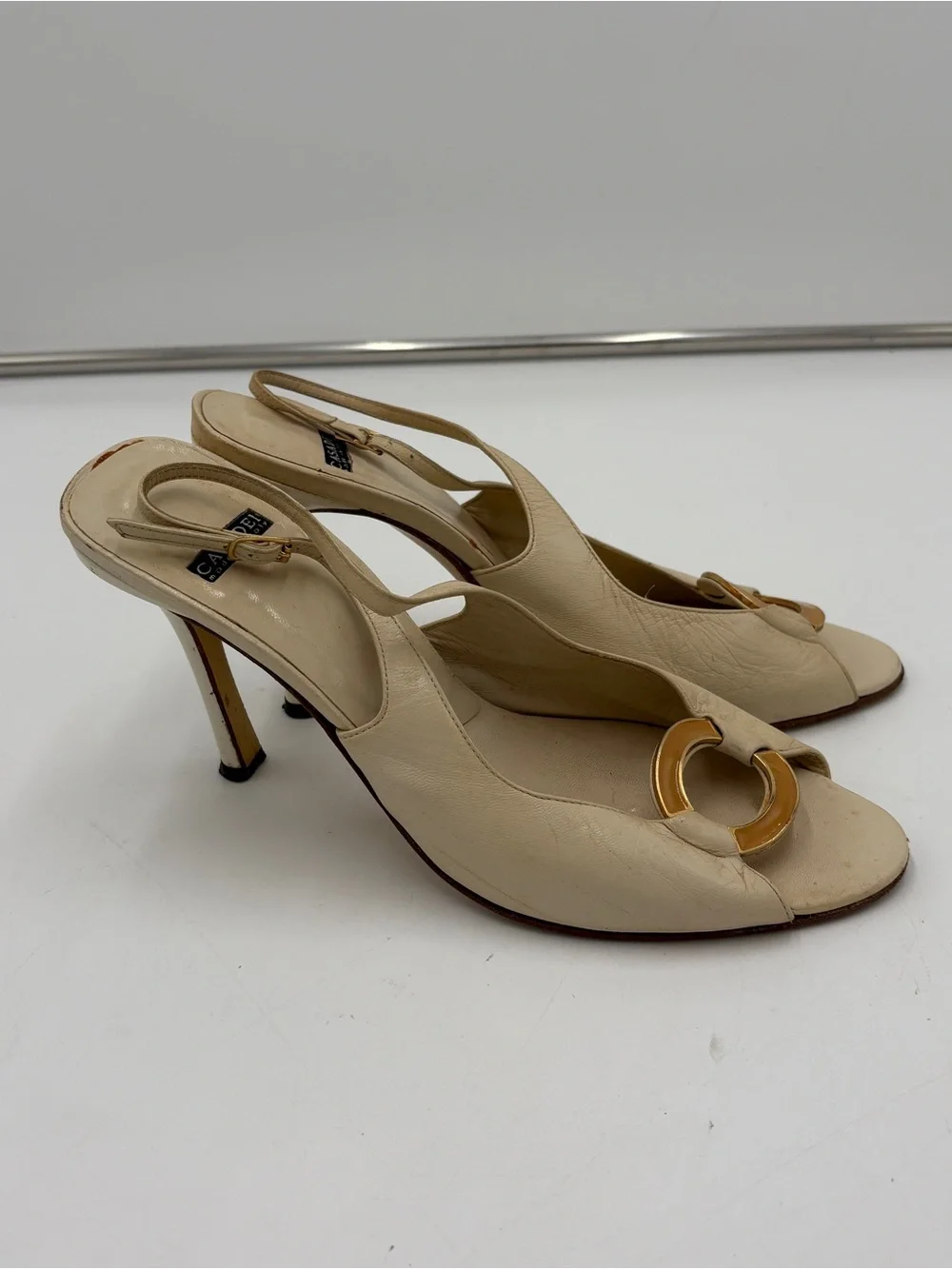 Casadei Off White Cream Leather Heels Pumps Slingback Peep Toe Gold Circle Sz 9